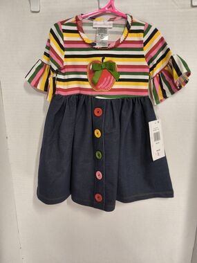 NwT Size 2T Bonnie Jean Multicolor Striped Apple Applique Dress